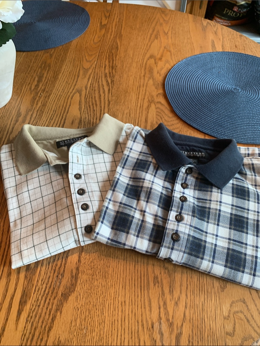 Structure Navy and White Plaid Short-Sleeve Polo & Structure Beige/Khaki polo